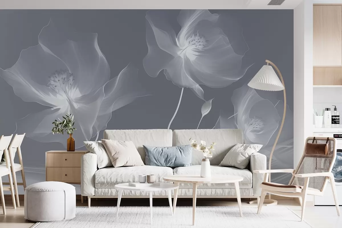 murales de pared Tres gráciles flores de pétalos translúcidos, entrelazadas con cintas de luz y viento en tonos azules w01932v2
