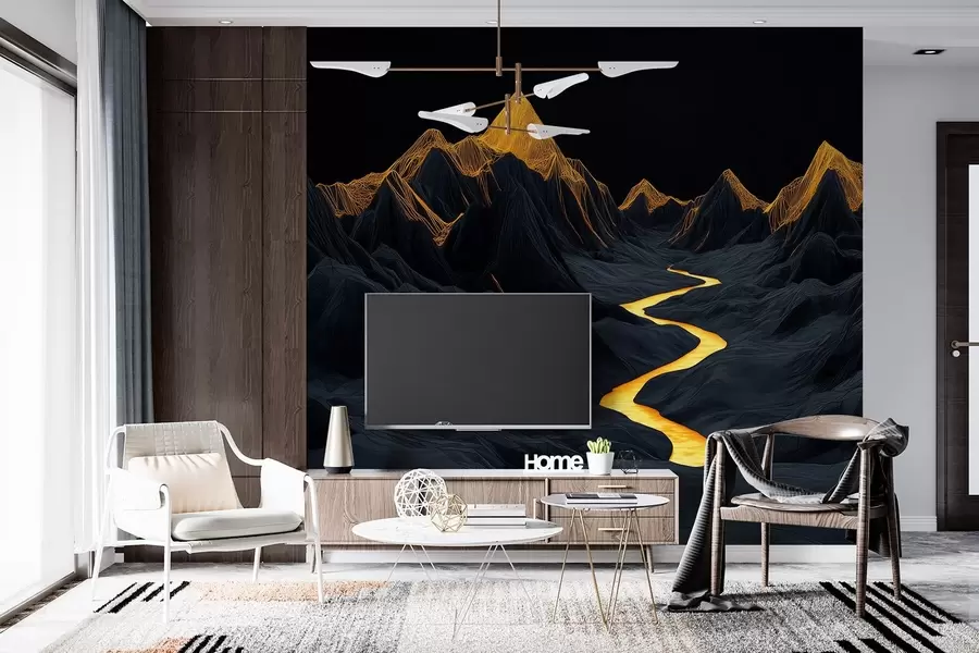 murales de pared Paisaje poligonal negro y un río entre las montañas w02063