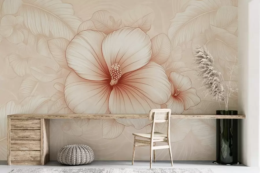 murales de pared Líneas elegantes con la flor Puakenikeni en el centro, rodeada de un diseño floral curvado w02143