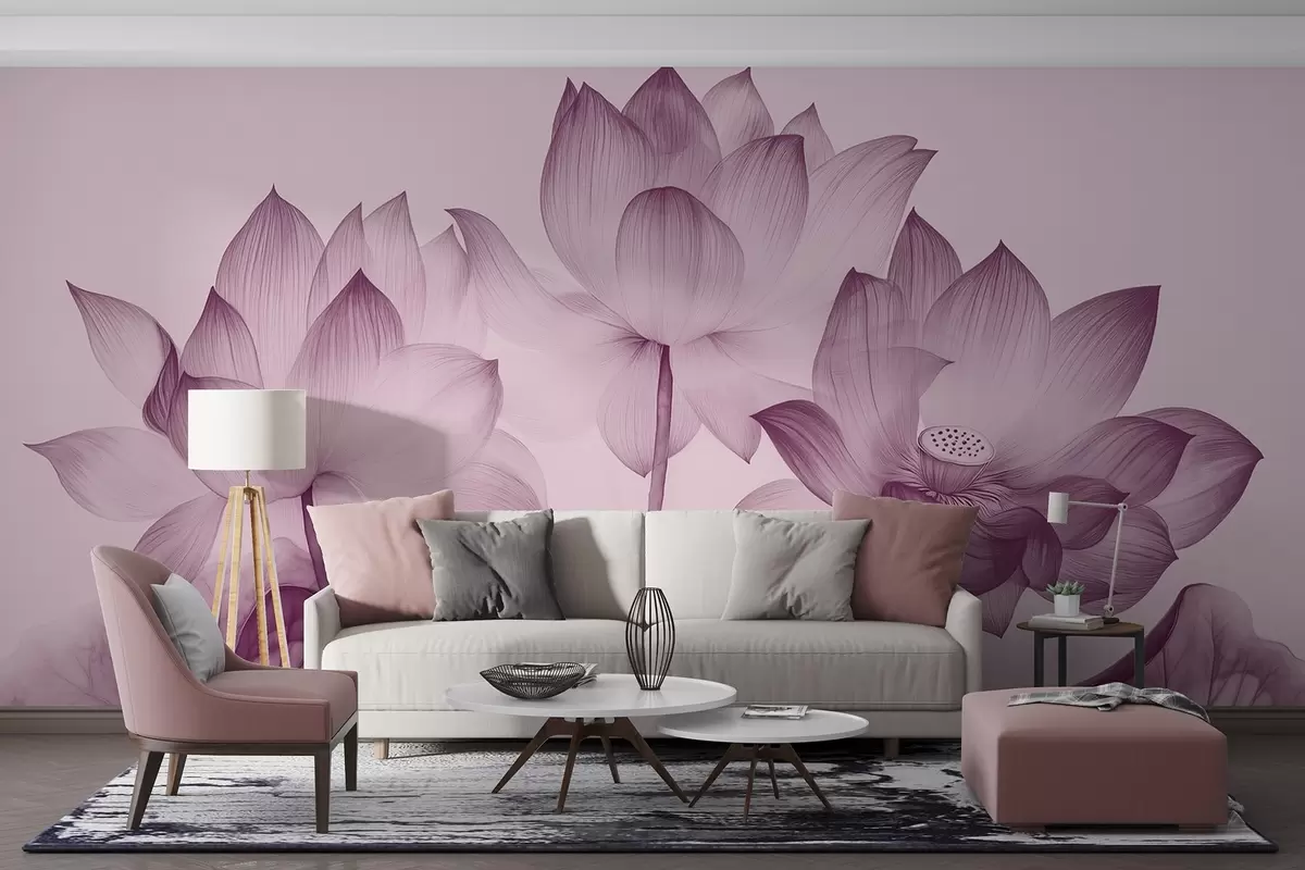 murales de pared Tres lotos con hojas al estilo de la pintura china en color púrpura w02146v1
