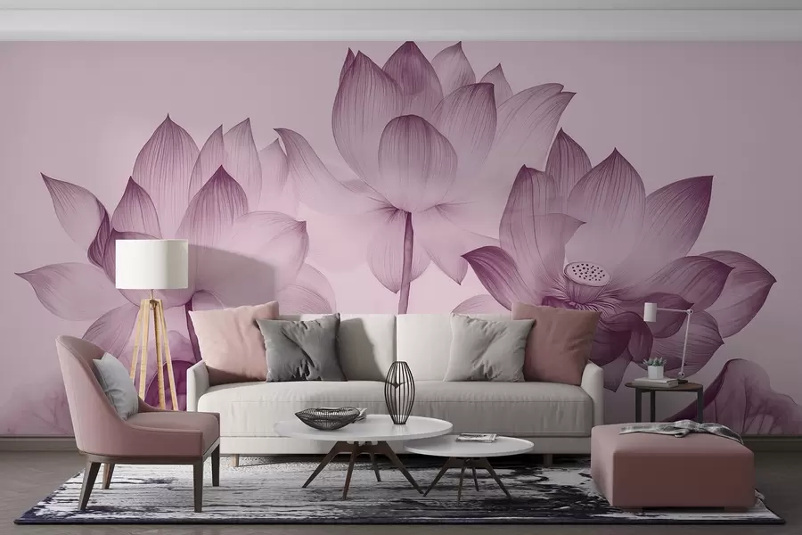 murales de pared Tres lotos con hojas al estilo de la pintura china en color púrpura w02146v1