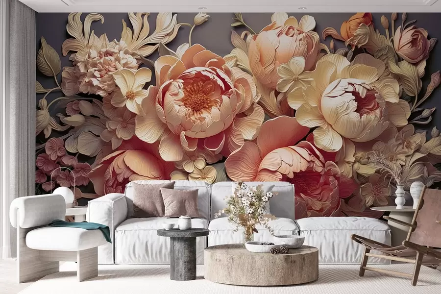 murales de pared Arreglo floral en 3D con peonías rosa-beige y rosas estilo Rococó sobre fondo oscuro w01933