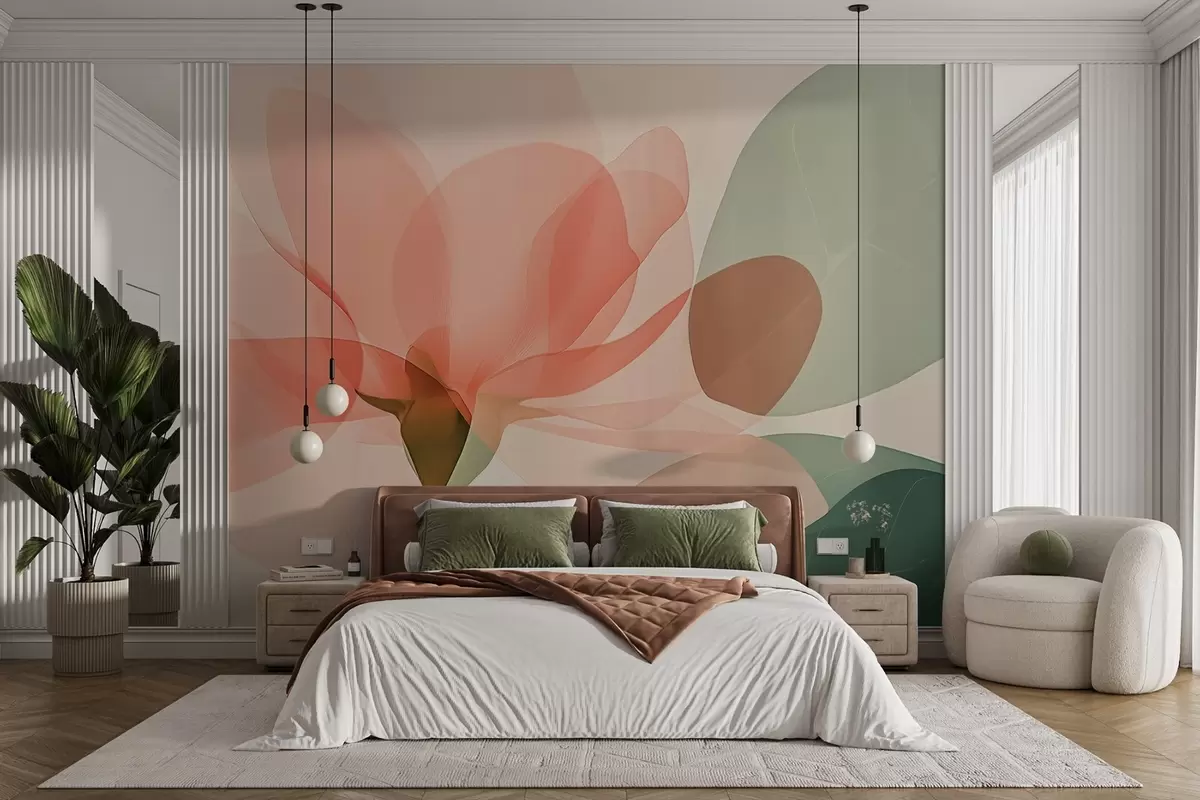 murales de pared Delicadas gardenias rosas y tonos verdes de hojas transparentes w02194