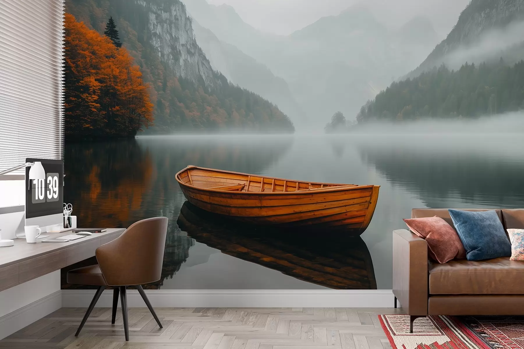 murales de pared Un barco de madera flota en un lago, rodeado de espesa niebla y montañas detrás w02195