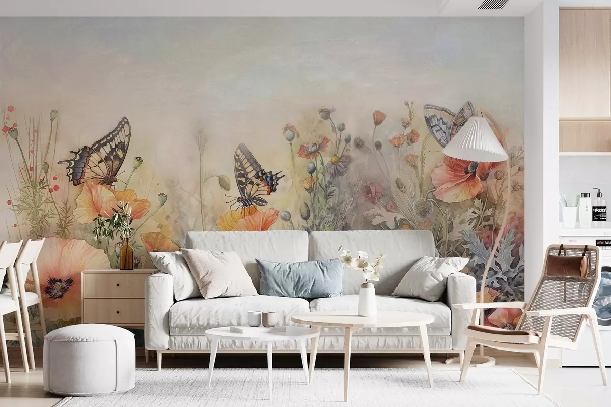 murales de pared Grandes mariposas en flores silvestres w01896