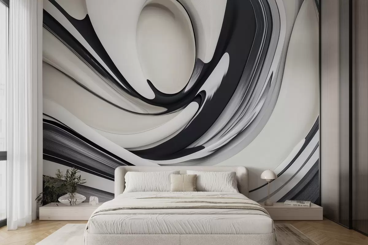 murales de pared Forma abstracta 3D fluida sobre fondo blanco y negro  w02236