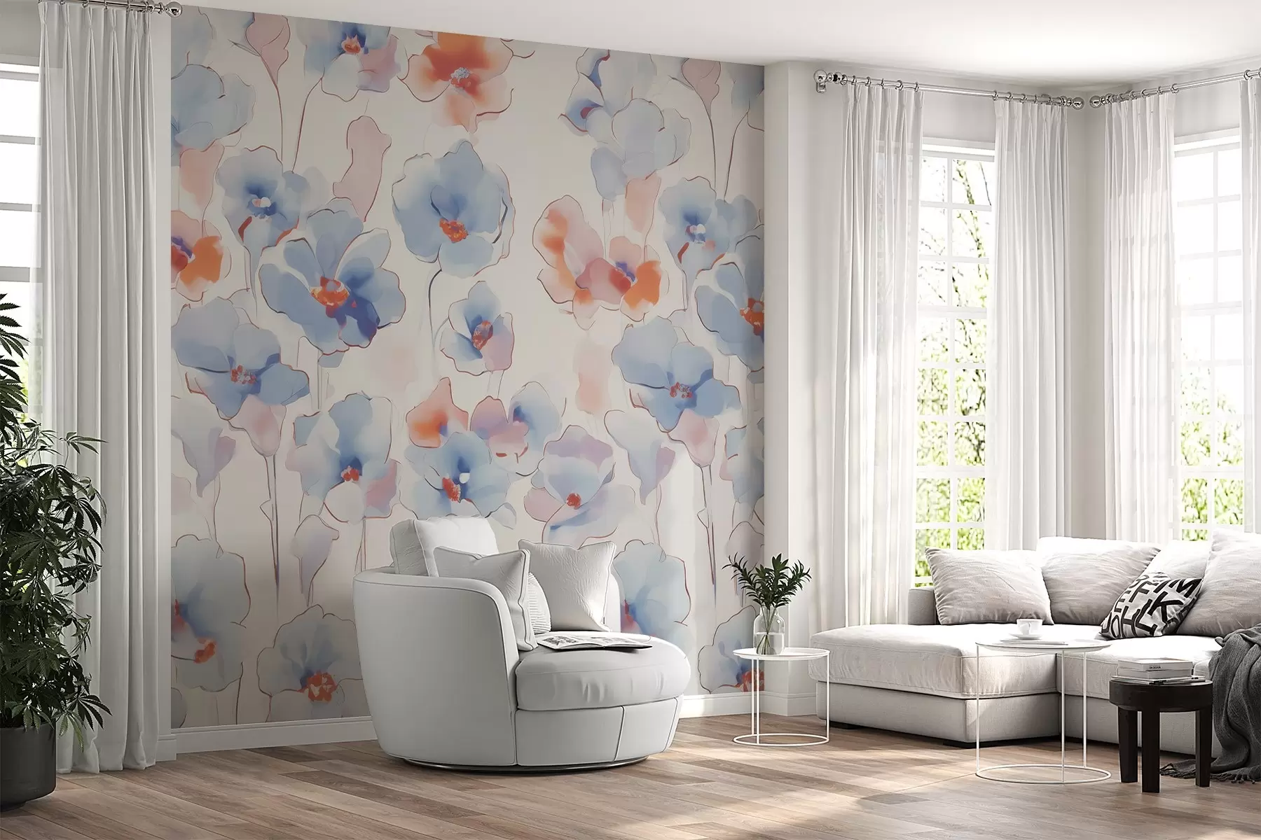 murales de pared Pequeñas flores vintage, tonos azules y rojos w02277