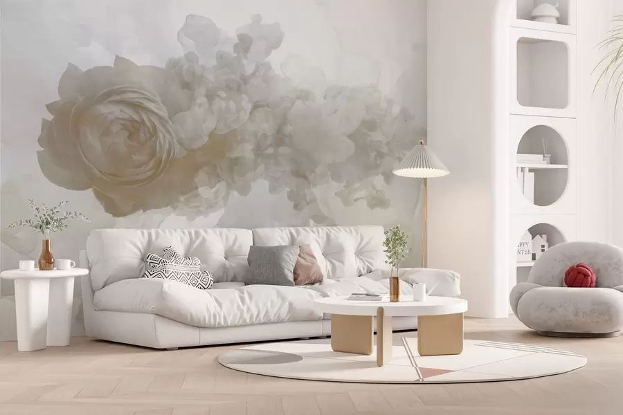 murales de pared Rosa en el humo. El papel pintado se inspira en los patrones aéreos de la fatalidad y la rosa. En tonos beige. w02138v1