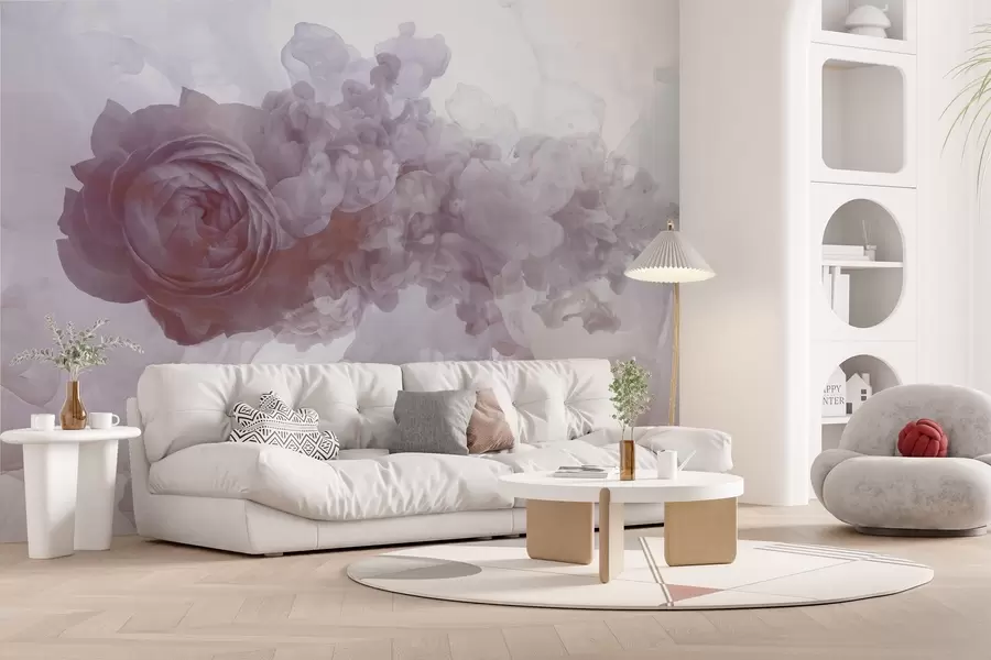 murales de pared Rosa en el humo. El papel pintado se inspira en los patrones aéreos de la fatalidad y la rosa. En tonos morados. w02138v2
