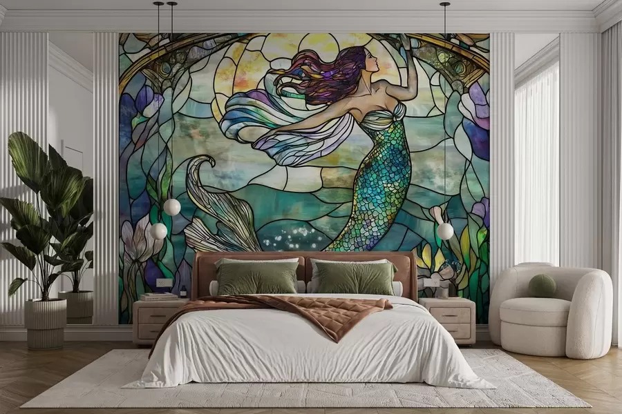 murales de pared Papel pintado de estilo vidriera con la imagen de una sirena mágica w02286