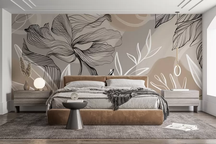 murales de pared Elegante estampado floral con grandes flores y hojas de líneas abstractas en tonos grises y beige sobre fondo claro w08413