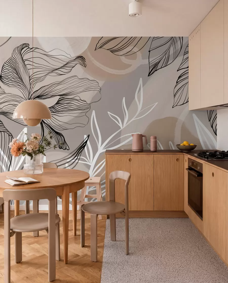 murales de pared Elegante estampado floral con grandes flores y hojas de líneas abstractas en tonos grises y beige sobre fondo claro w08413