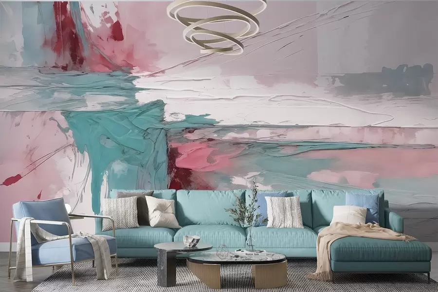 murales de pared Composición minimalista de arte abstracto con atrevidas pinceladas de pintura rosa, azul y blanca  w08414v1