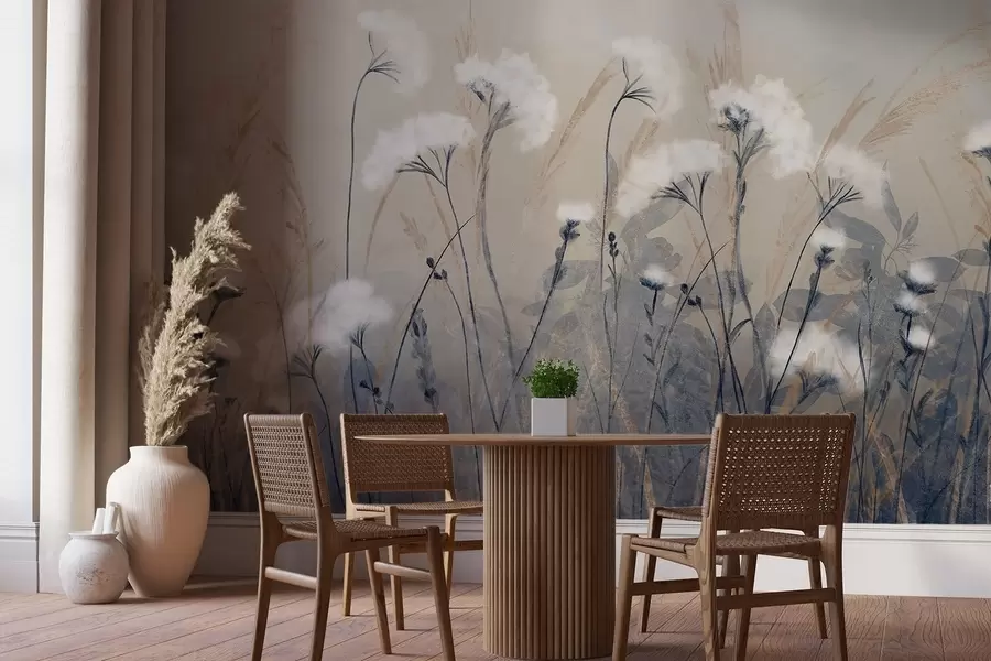 murales de pared Hierba de algodón blanca y esponjosa sobre un fondo de textura borrosa, con una atmósfera suave, brumosa y serena w08416