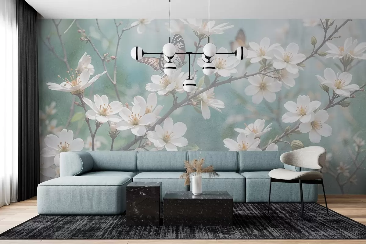 murales de pared Una mariposa blanca sobre una rama con delicadas flores blancas de cerezo en primer plano sobre un fondo difuminado w08421