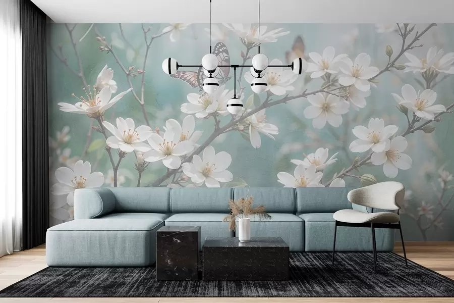 murales de pared Una mariposa blanca sobre una rama con delicadas flores blancas de cerezo en primer plano sobre un fondo difuminado w08421