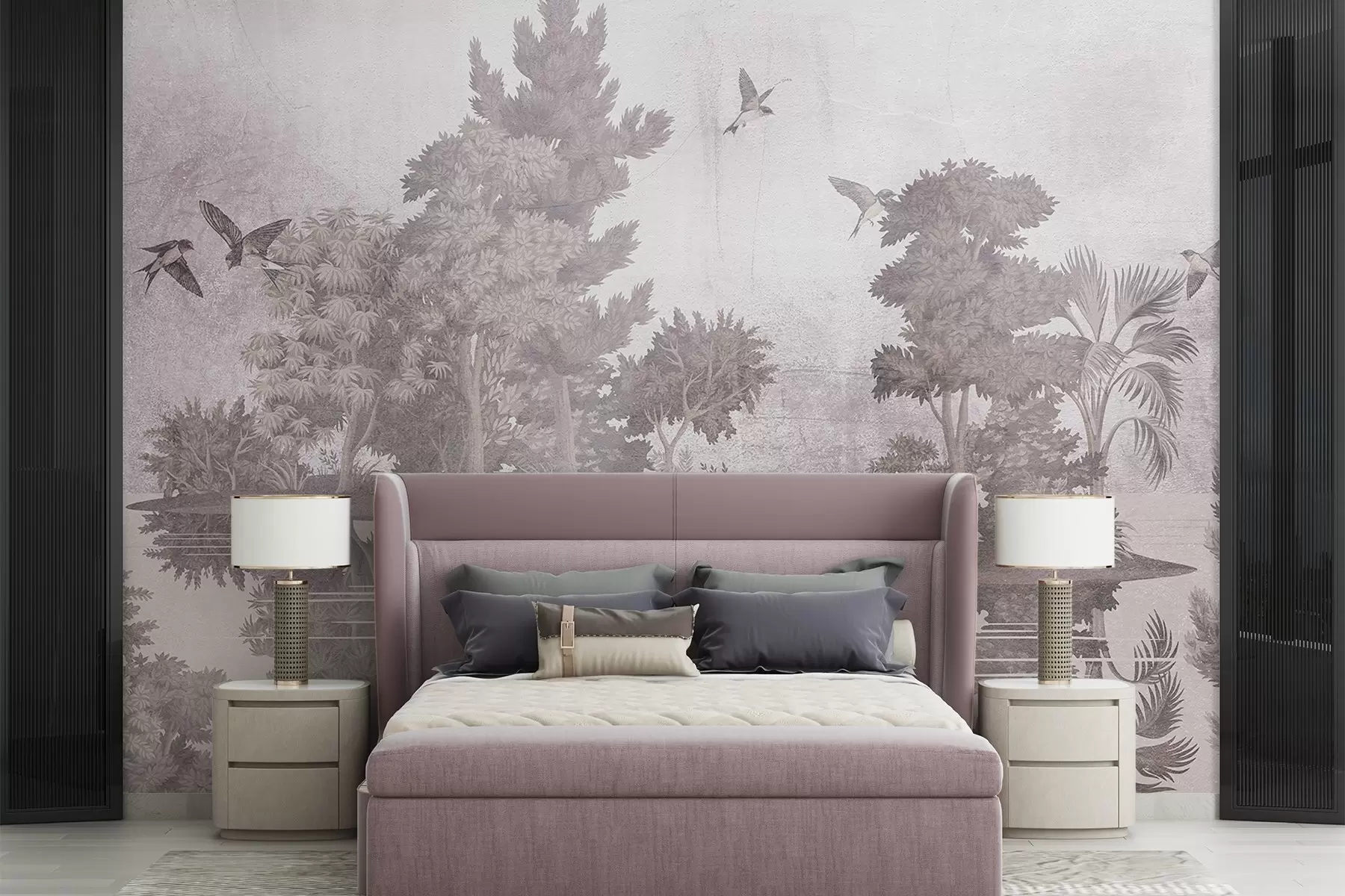 murales de pared Impresión de un paisaje forestal con un lago rodeado de pinos y otros follajes sobre un fondo beige texturizado w08426