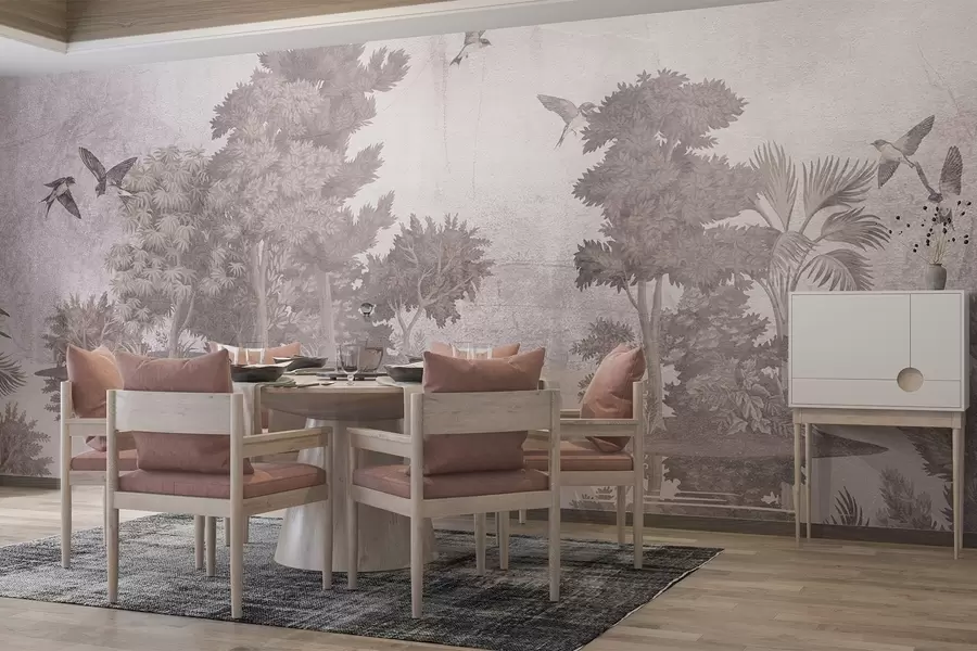 murales de pared Impresión de un paisaje forestal con un lago rodeado de pinos y otros follajes sobre un fondo beige texturizado w08426