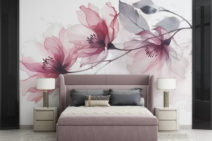 murales de pared Delicadas flores transparentes rosas y grises con pétalos suaves y difuminados sobre fondo blanco w08429