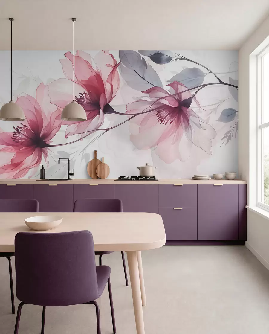murales de pared Delicadas flores transparentes rosas y grises con pétalos suaves y difuminados sobre fondo blanco w08429