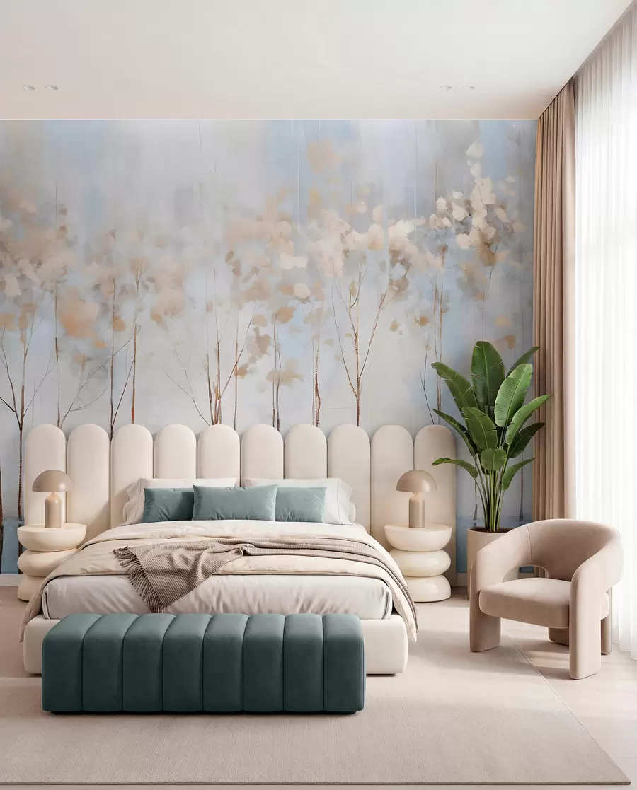 murales de pared Árboles desnudos en pastel abstracto borrosa paisaje minimalista de invierno con un fondo suave y brumoso w08430