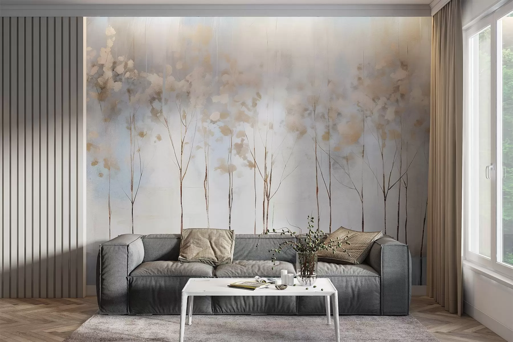 murales de pared Árboles desnudos en pastel abstracto borrosa paisaje minimalista de invierno con un fondo suave y brumoso w08430