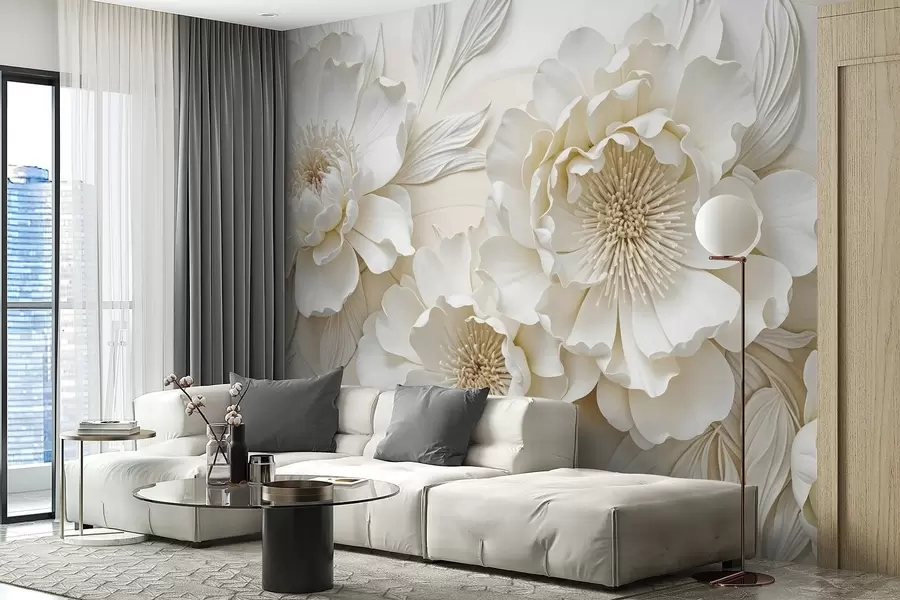 murales de pared Elegantes y voluminosas flores de imitación de peonía blanca con suaves pétalos y centros amarillo pastel, sobre un fondo claro w08431