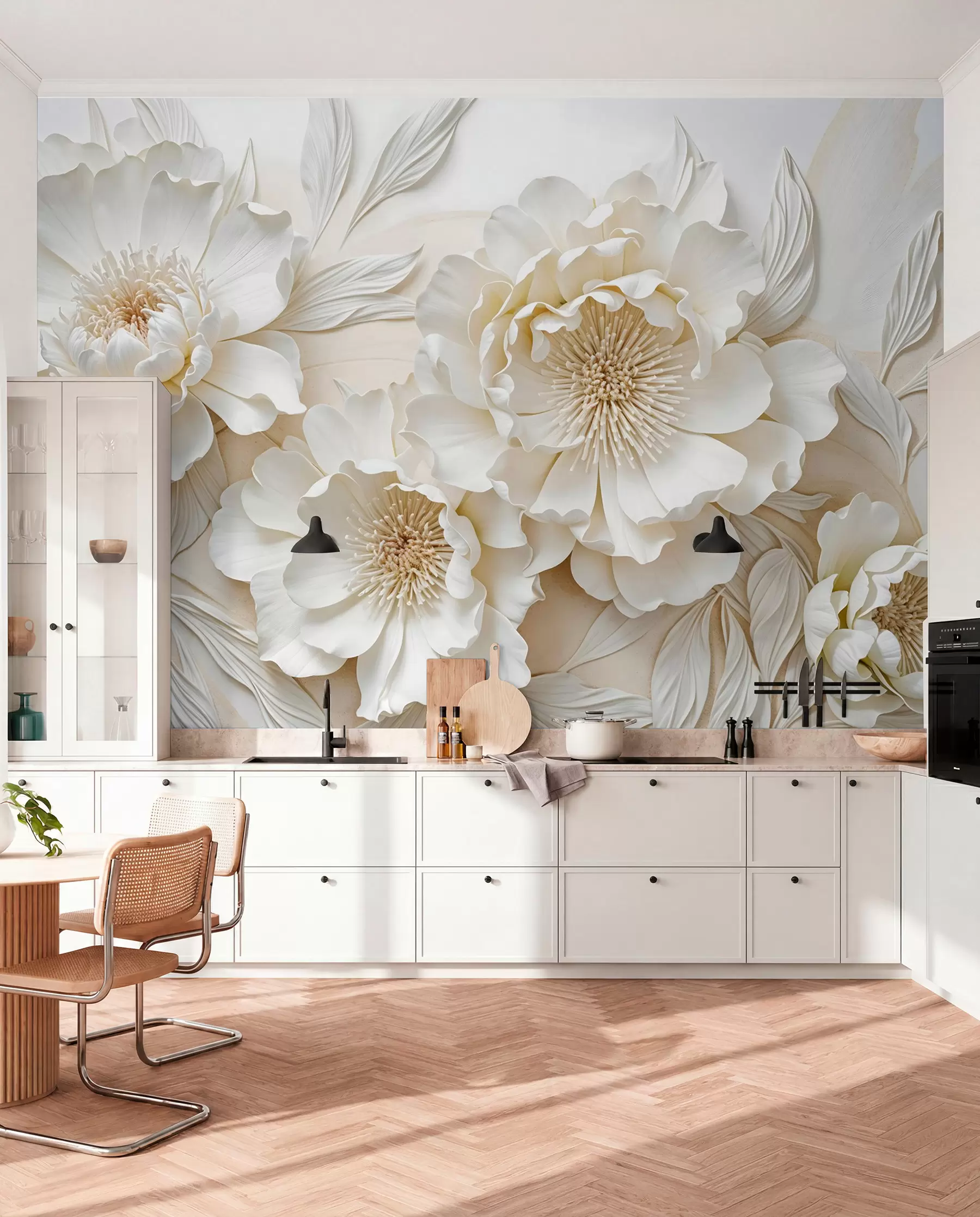 murales de pared Elegantes y voluminosas flores de imitación de peonía blanca con suaves pétalos y centros amarillo pastel, sobre un fondo claro w08431
