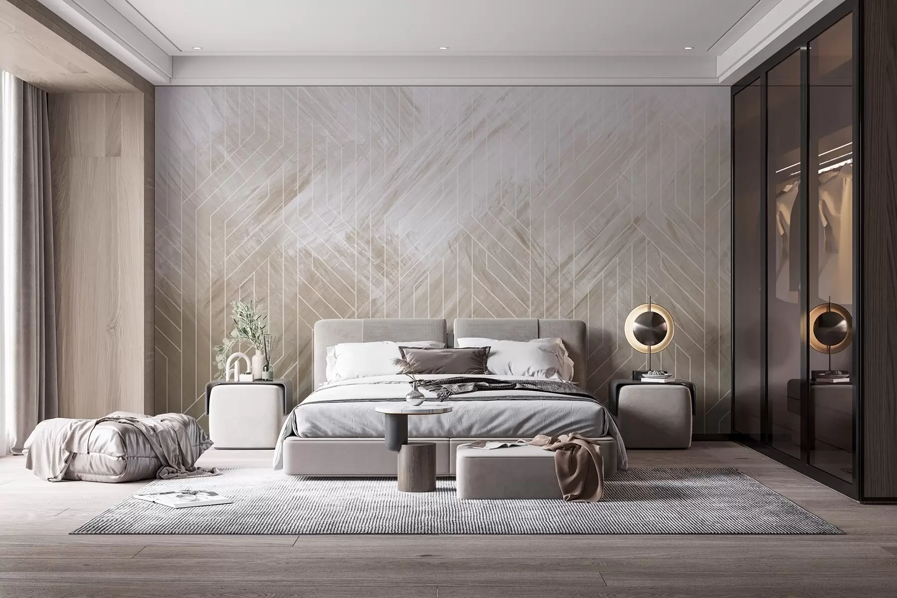 murales de pared Fondo geométrico abstracto con líneas diagonales y efecto degradado en tonos marrones w08433v1