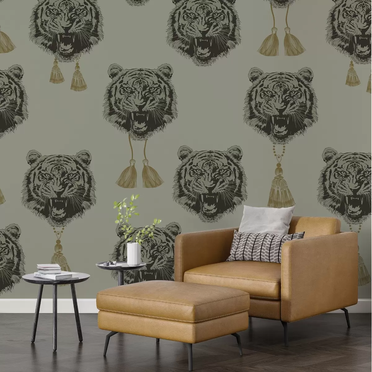 murales de pared Cara de tigre en tonos verdes y grises w02245