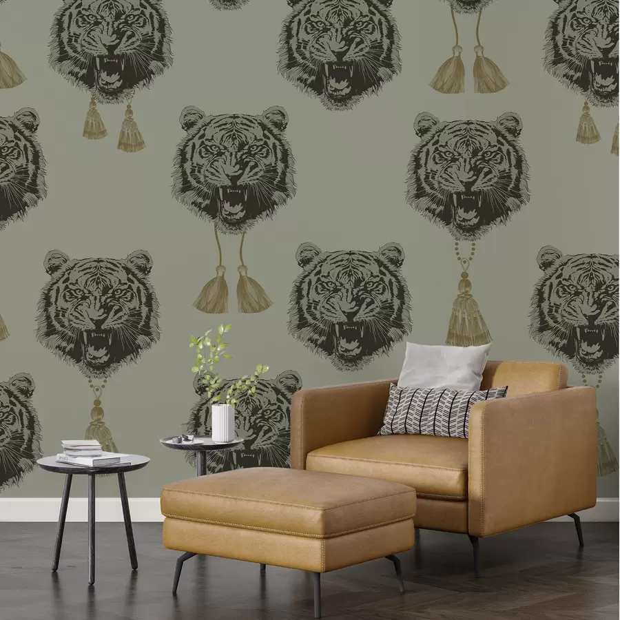 murales de pared Cara de tigre en tonos verdes y grises w02245