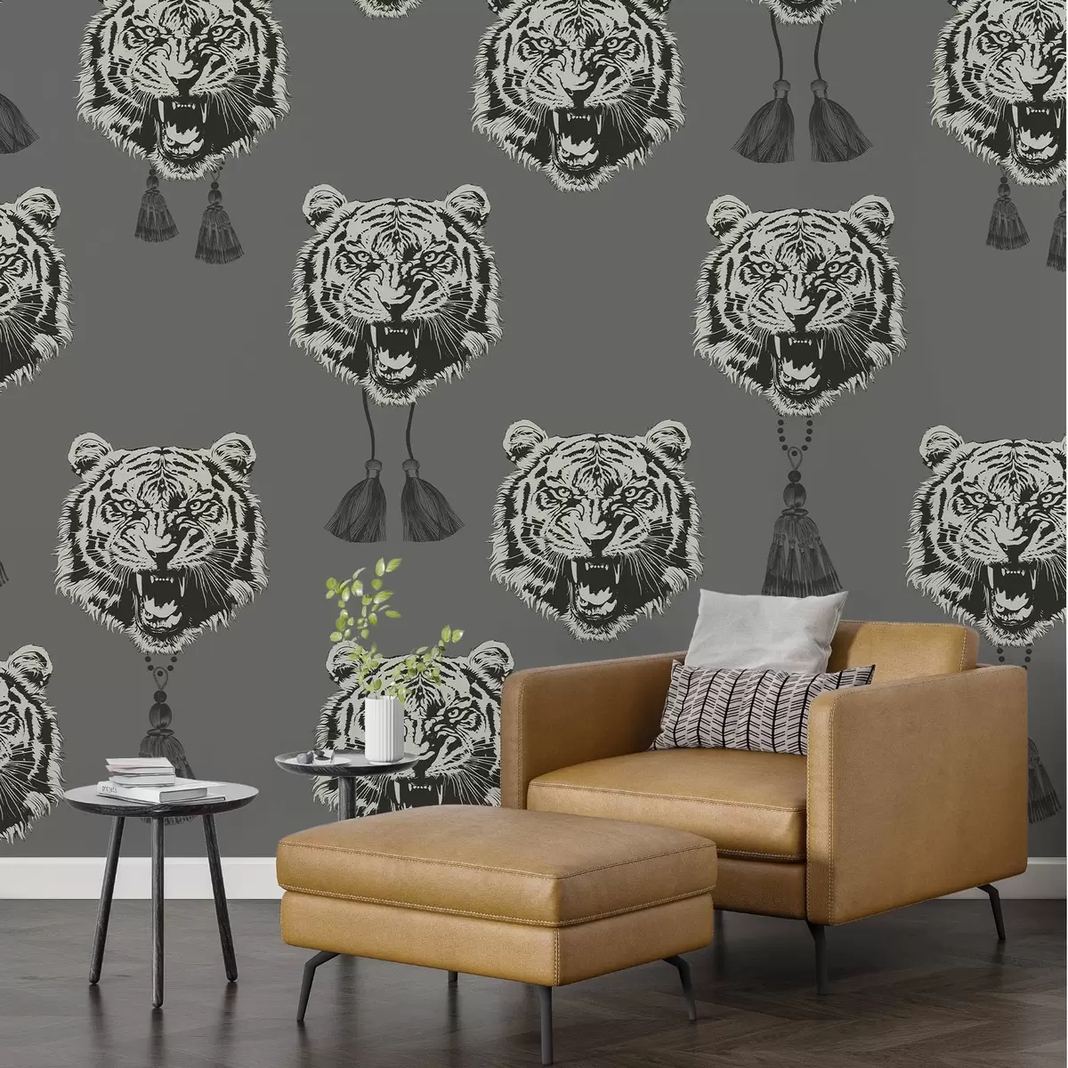 murales de pared Cara de tigre en gris y detalles en marrón w02245v1