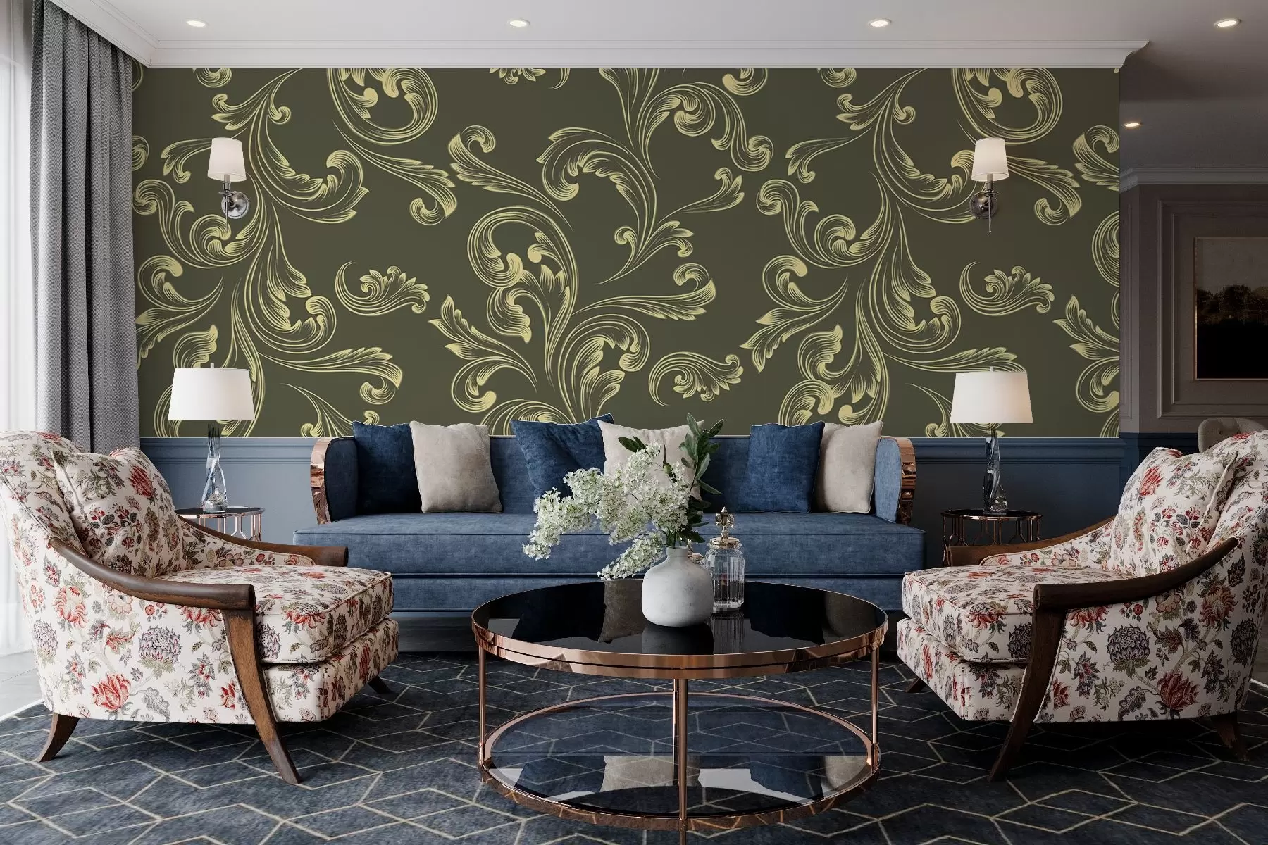 murales de pared Damasco, ornamento monograma, tinte verde w02247