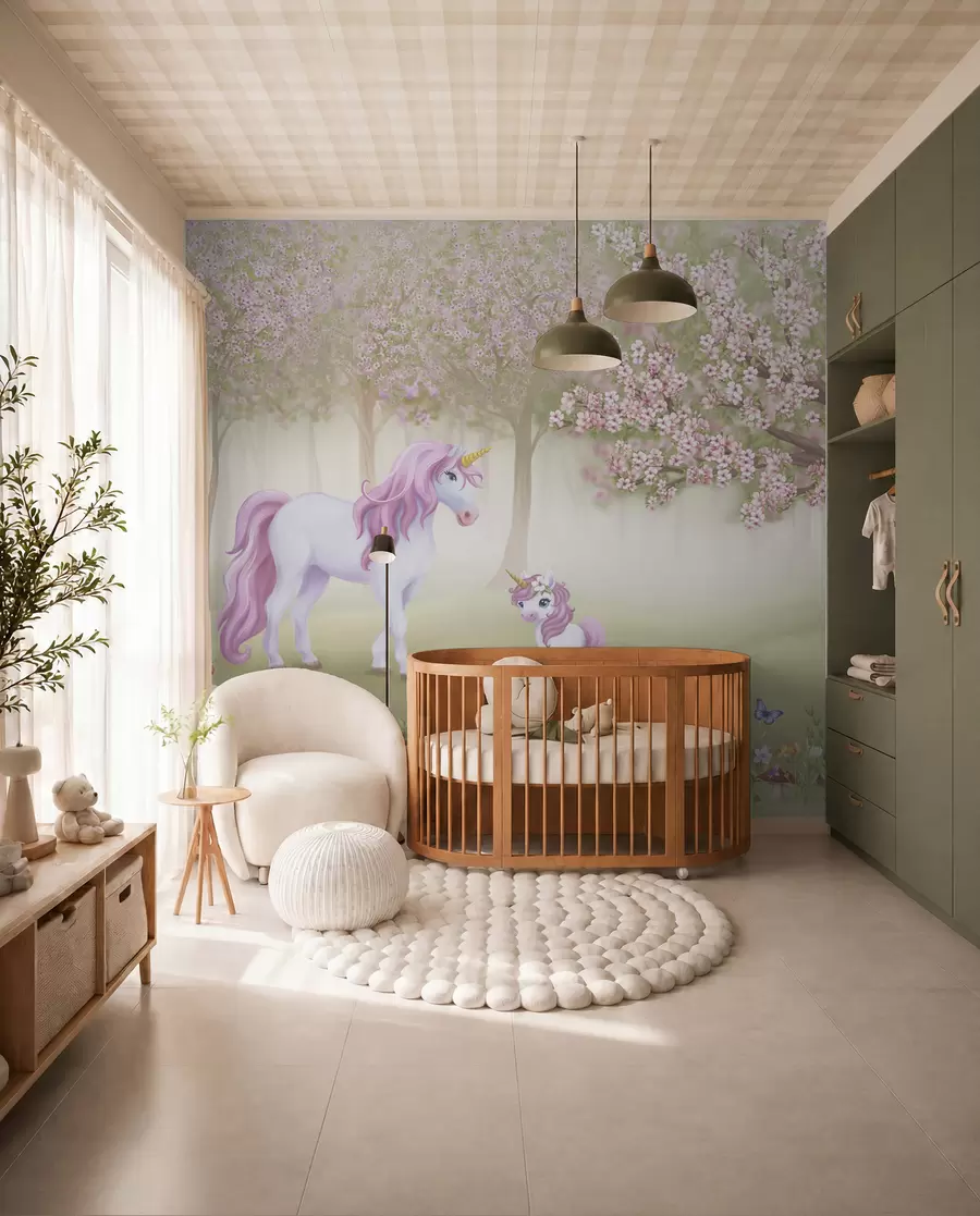 murales de pared Unicornios en un bosque mágico con animales w02269