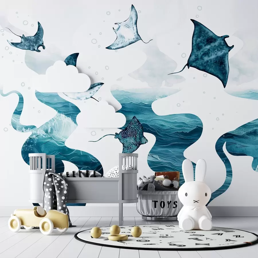 murales de pared Pez manta raya, estilo acuarela, mar, océano, colores azules w02266