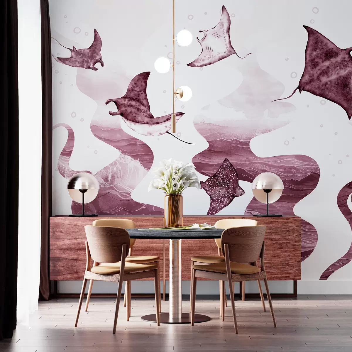 murales de pared Pez manta raya, estilo acuarela, mar, océano, colores rosas w02266v3