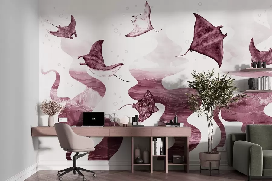 murales de pared Pez manta raya, estilo acuarela, mar, océano, colores rosas w02266v3