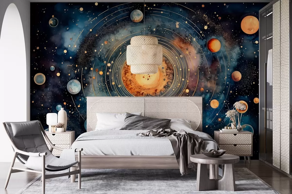 murales de pared Arte cósmico, estilo acuarela, sol, plamets, estrellas, espacio profundo w02268