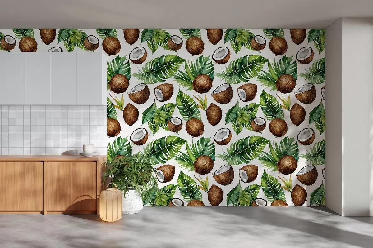 murales de pared estampado tropical con cocos y hojas w02293