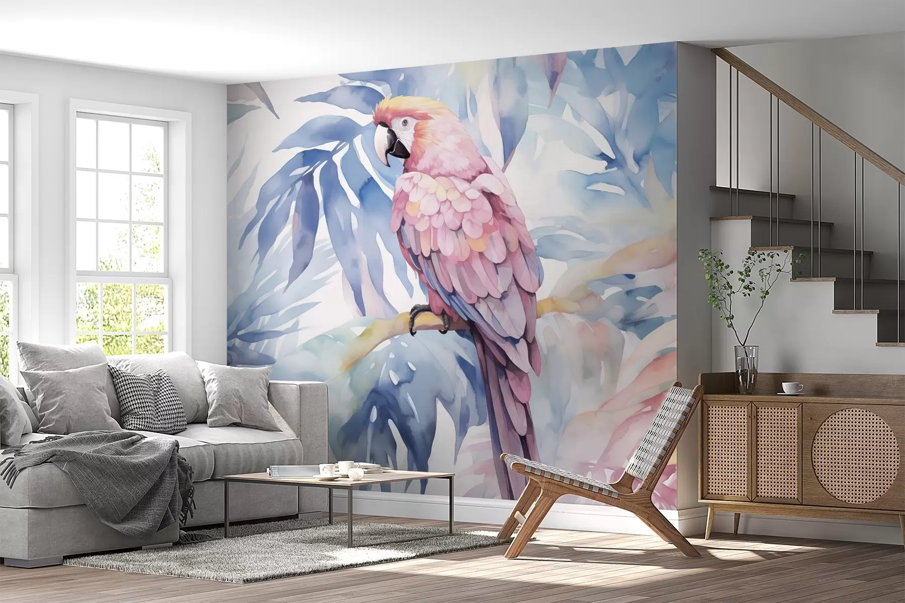murales de pared Loro rosa sentado en una rama imitación de pintura w02330
