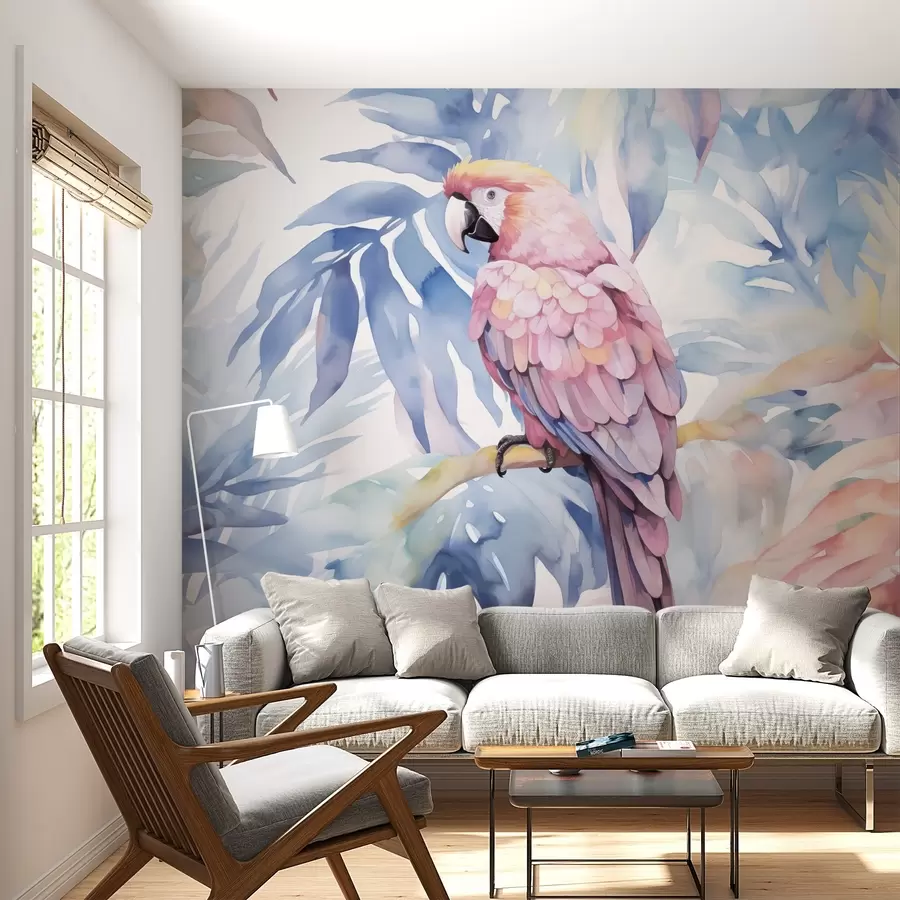 murales de pared Loro rosa sentado en una rama imitación de pintura w02330