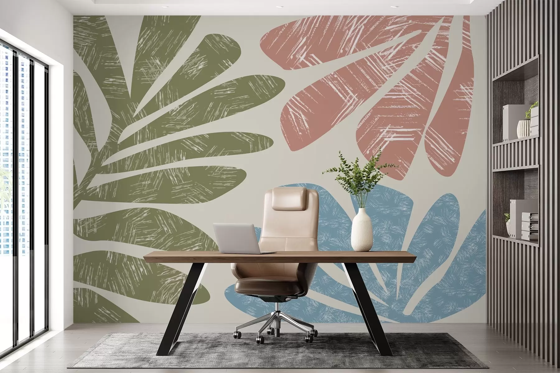 murales de pared Silueta de ramas frondosas con textura, verde, rosa, azul w02333v1