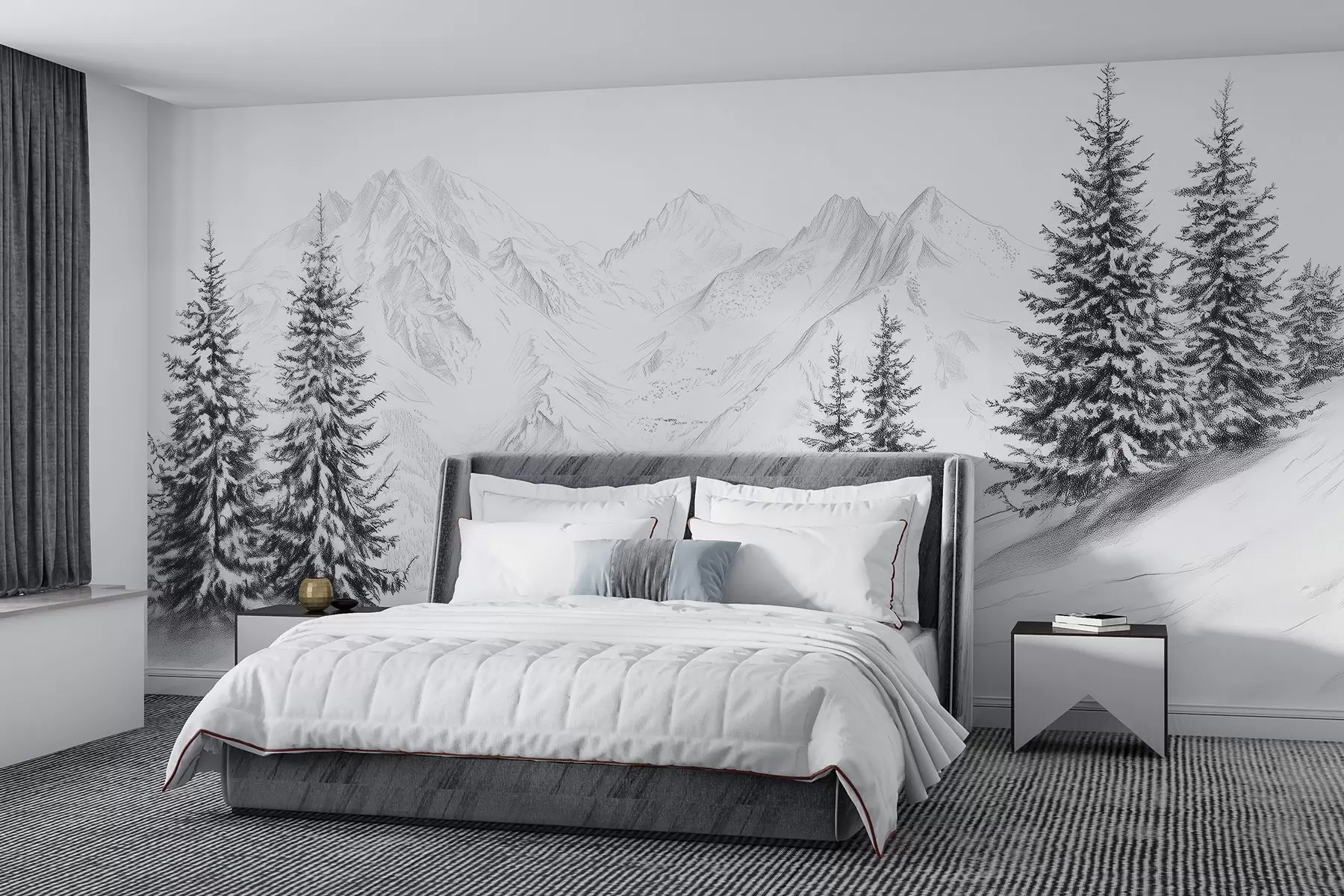 murales de pared Montañas nevadas, dibujo a lápiz, minimalismo, bosque, naturaleza w02351
