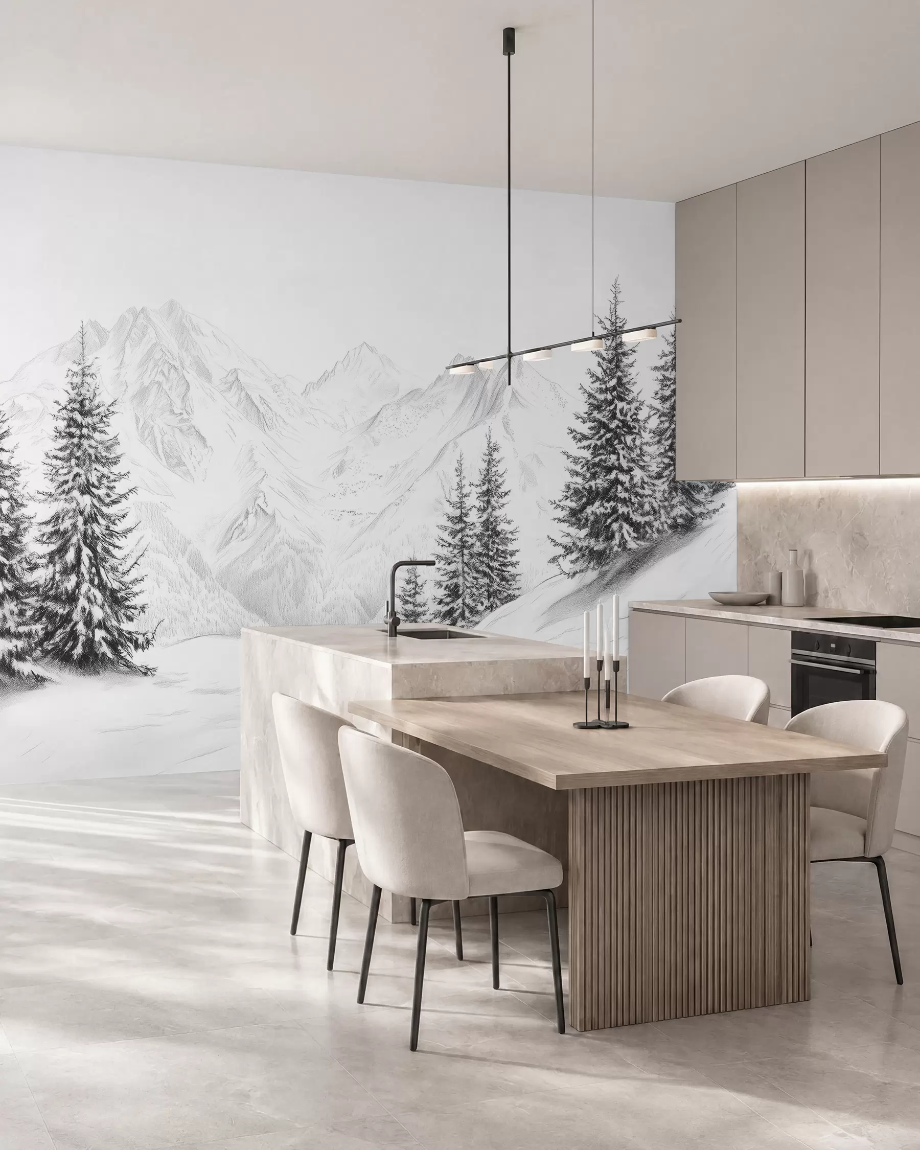 murales de pared Montañas nevadas, dibujo a lápiz, minimalismo, bosque, naturaleza w02351