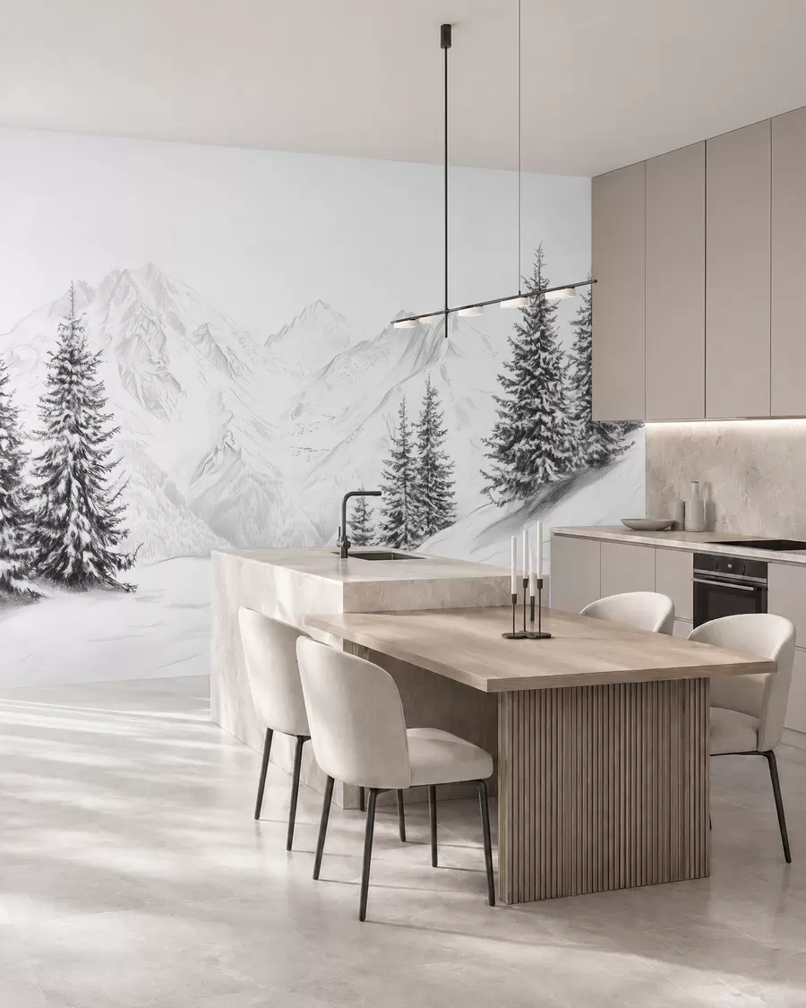 murales de pared Montañas nevadas, dibujo a lápiz, minimalismo, bosque, naturaleza w02351