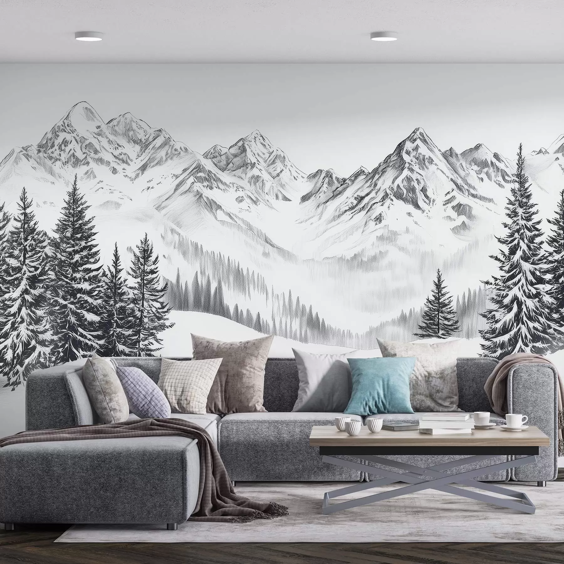 murales de pared Montañas alpinas en la nieve, estilo lápiz, minimalismo w02352