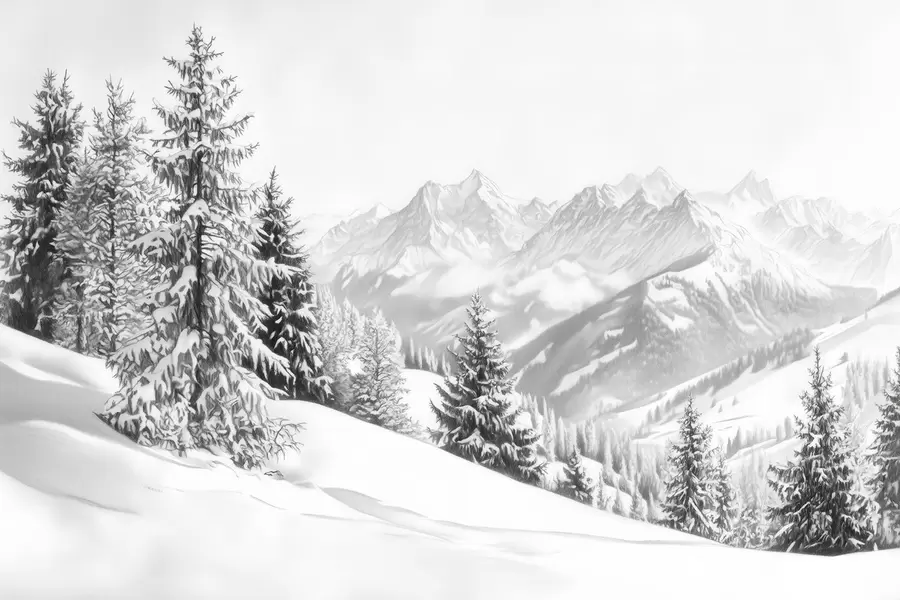 murales de pared Invierno en las montañas, bosque, Alpes, dibujo a lápiz, paisajes de naturaleza w02353