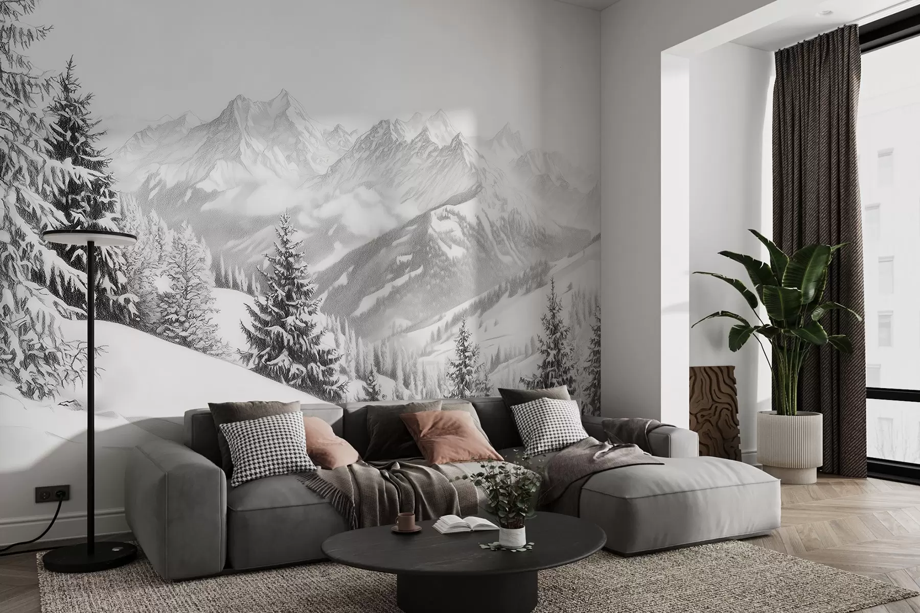 murales de pared Invierno en las montañas, bosque, Alpes, dibujo a lápiz, paisajes de naturaleza w02353
