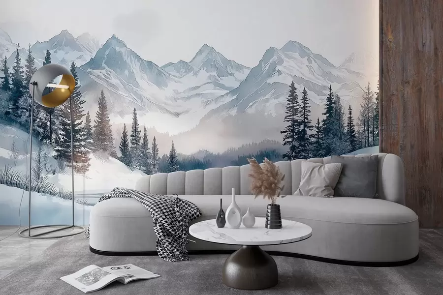murales de pared Montañas con lago, invierno, bosque, cielo al atardecer, naturaleza w02357