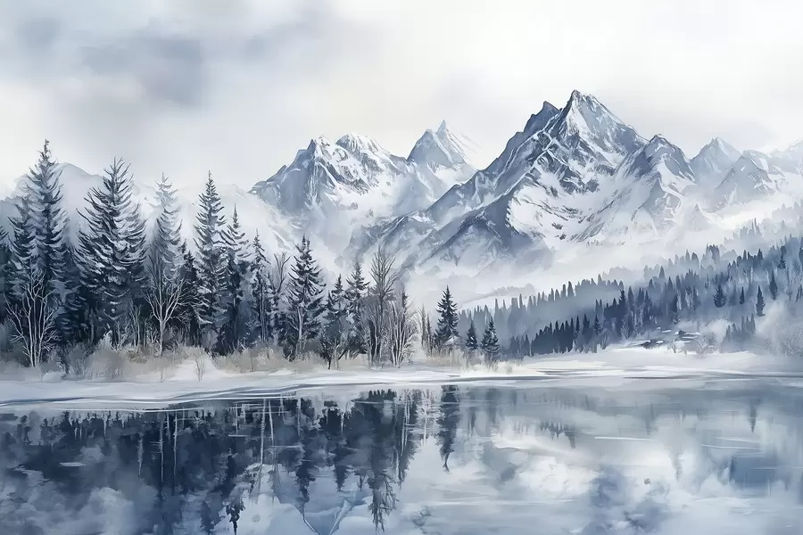 murales de pared Los Alpes nevados, bosque invernal, lago helado, paleta de colores azules  w02358